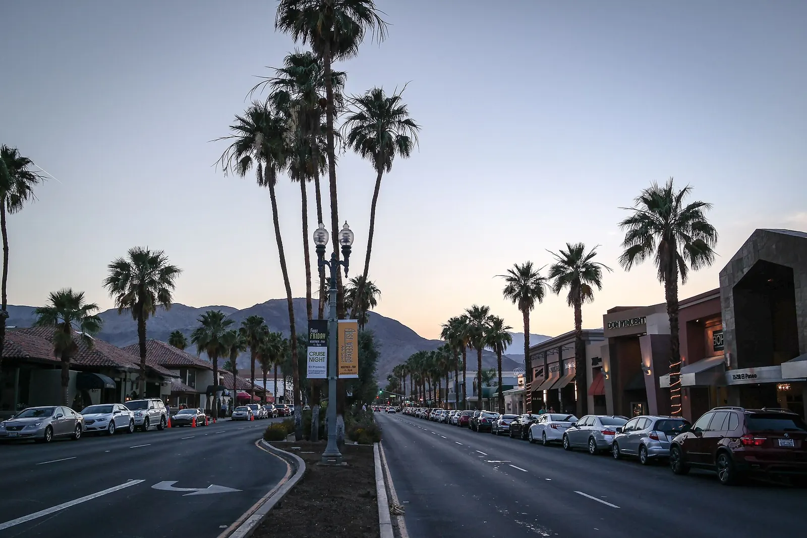 Palm-lined El Paseo in Palm Desert with the Santa Rosa Mountains beyond