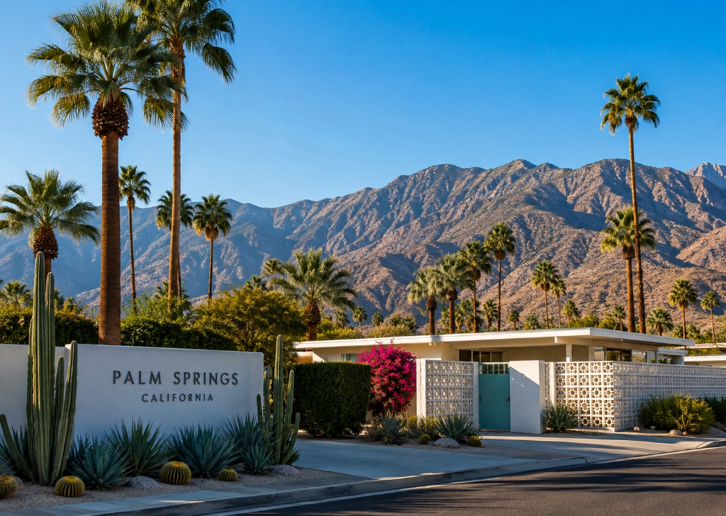Palm Springs mid-century modern estate with San Jacinto mountain backdrop