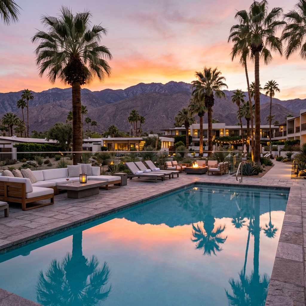 Palm Desert poolside patio with mountain reflection