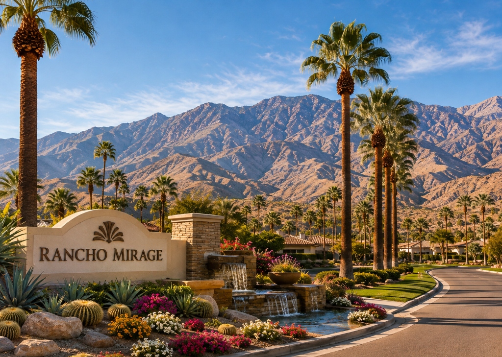 Rancho Mirage entrance monument sign with waterfall and Santa Rosa mountain backdrop